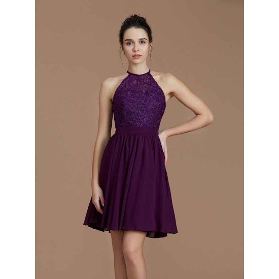 Charming Halter Sleeveless Lace Short/Mini Chiffon Bridesmaid Dresses