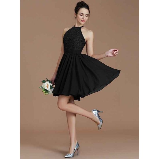 Charming Halter Sleeveless Lace Short/Mini Chiffon Bridesmaid Dresses