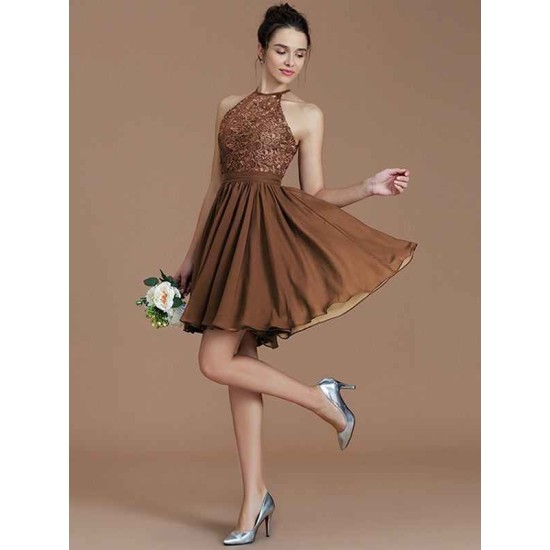 Charming Halter Sleeveless Lace Short/Mini Chiffon Bridesmaid Dresses