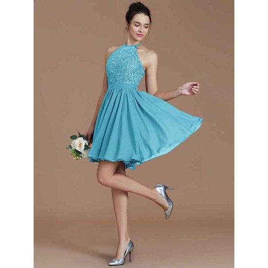 Charming Halter Sleeveless Lace Short/Mini Chiffon Bridesmaid Dresses