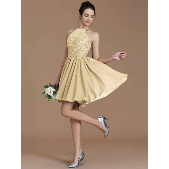 Charming Halter Sleeveless Lace Short/Mini Chiffon Bridesmaid Dresses