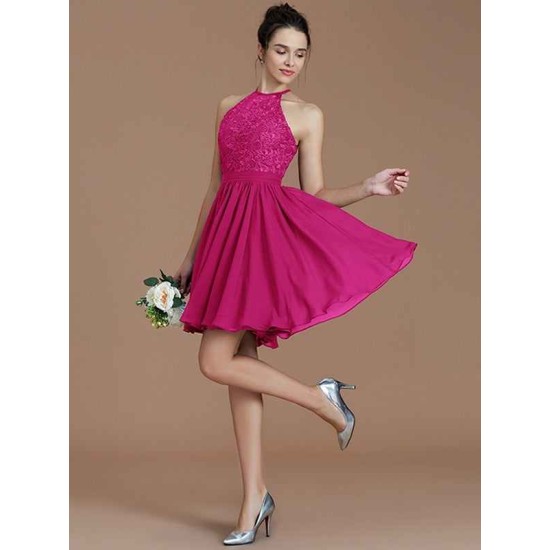 Charming Halter Sleeveless Lace Short/Mini Chiffon Bridesmaid Dresses