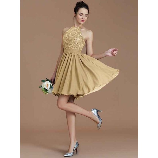 Charming Halter Sleeveless Lace Short/Mini Chiffon Bridesmaid Dresses