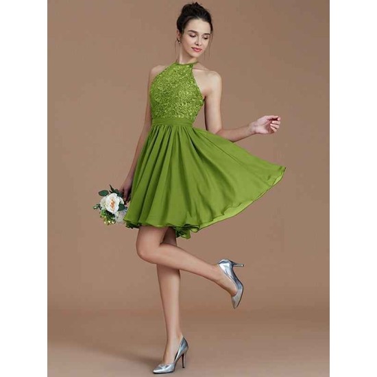 Charming Halter Sleeveless Lace Short/Mini Chiffon Bridesmaid Dresses