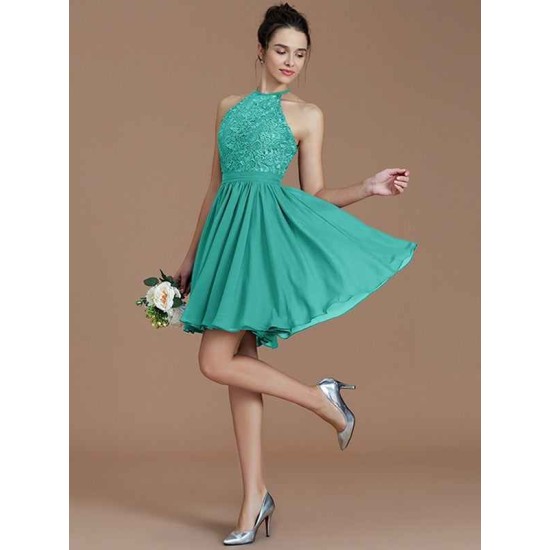 Charming Halter Sleeveless Lace Short/Mini Chiffon Bridesmaid Dresses