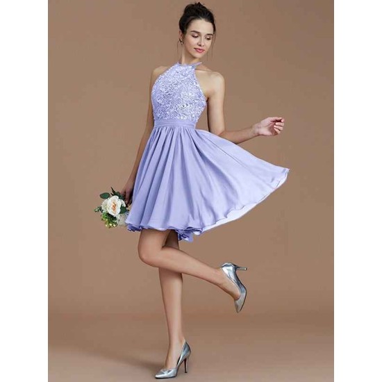Charming Halter Sleeveless Lace Short/Mini Chiffon Bridesmaid Dresses