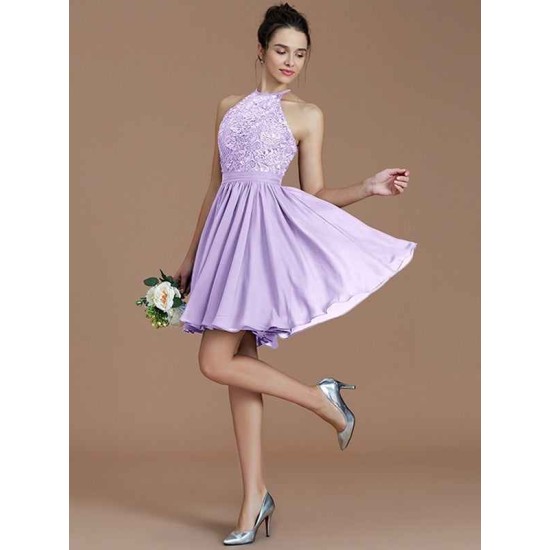 Charming Halter Sleeveless Lace Short/Mini Chiffon Bridesmaid Dresses
