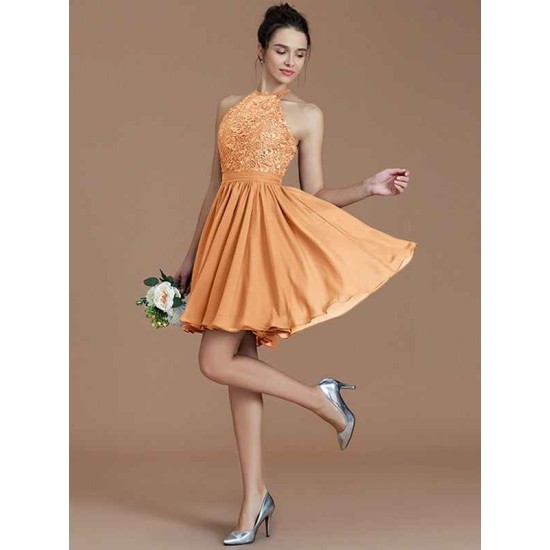 Charming Halter Sleeveless Lace Short/Mini Chiffon Bridesmaid Dresses