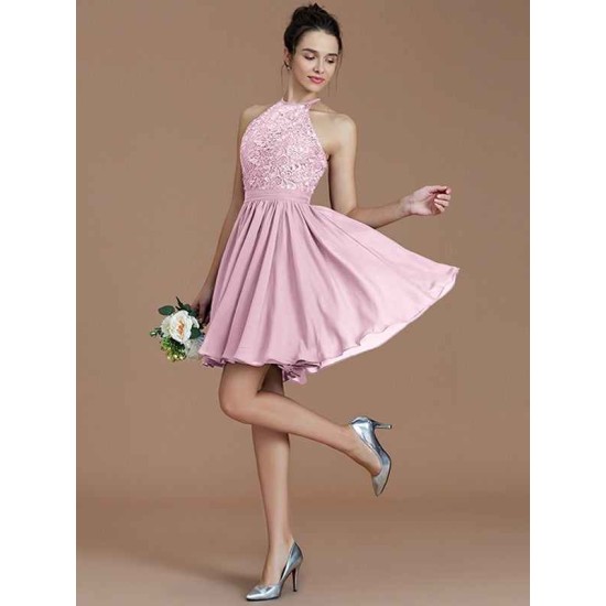 Charming Halter Sleeveless Lace Short/Mini Chiffon Bridesmaid Dresses