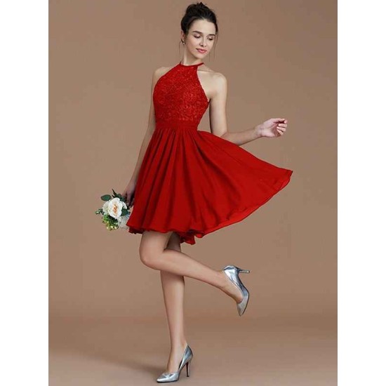 Charming Halter Sleeveless Lace Short/Mini Chiffon Bridesmaid Dresses