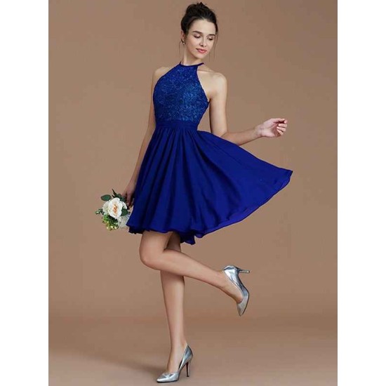 Charming Halter Sleeveless Lace Short/Mini Chiffon Bridesmaid Dresses