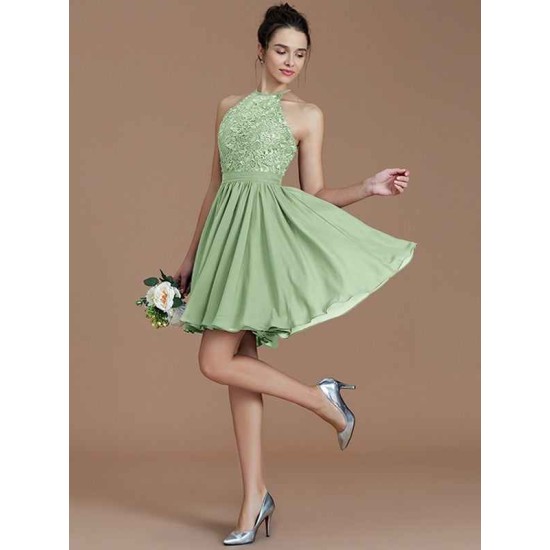Charming Halter Sleeveless Lace Short/Mini Chiffon Bridesmaid Dresses