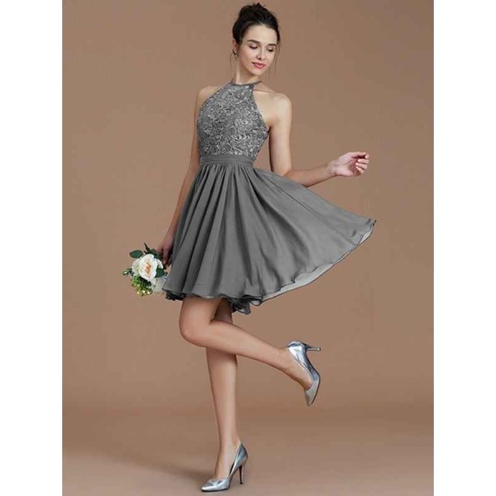 Charming Halter Sleeveless Lace Short/Mini Chiffon Bridesmaid Dresses