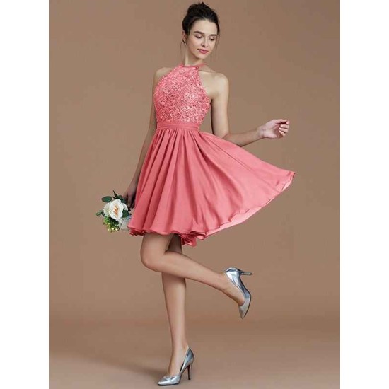 Charming Halter Sleeveless Lace Short/Mini Chiffon Bridesmaid Dresses
