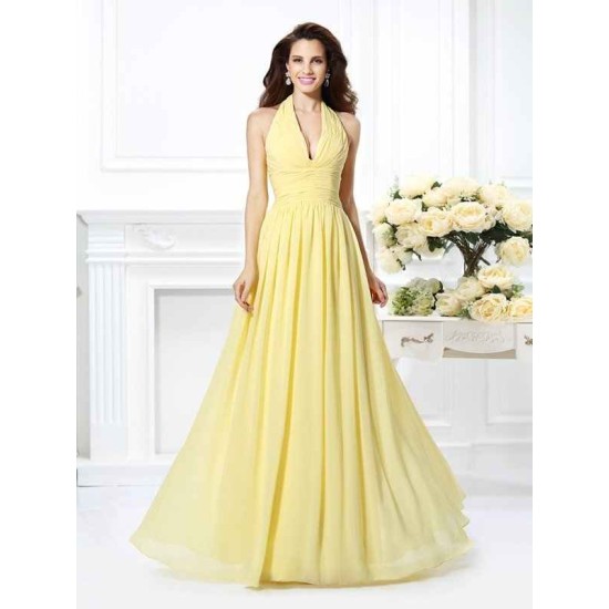 Charming Halter Pleats Sleeveless Long Chiffon Bridesmaid Dresses