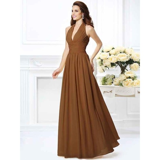 Charming Halter Pleats Sleeveless Long Chiffon Bridesmaid Dresses
