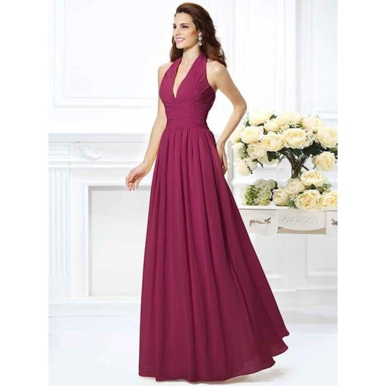 Charming Halter Pleats Sleeveless Long Chiffon Bridesmaid Dresses
