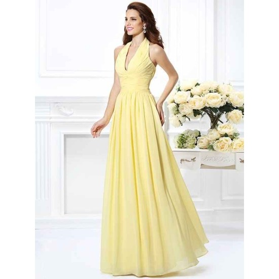 Charming Halter Pleats Sleeveless Long Chiffon Bridesmaid Dresses