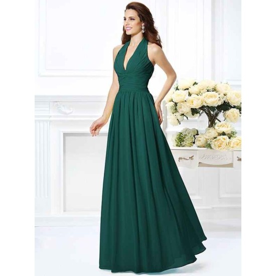 Charming Halter Pleats Sleeveless Long Chiffon Bridesmaid Dresses