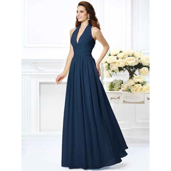 Charming Halter Pleats Sleeveless Long Chiffon Bridesmaid Dresses