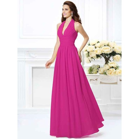 Charming Halter Pleats Sleeveless Long Chiffon Bridesmaid Dresses