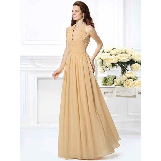 Charming Halter Pleats Sleeveless Long Chiffon Bridesmaid Dresses