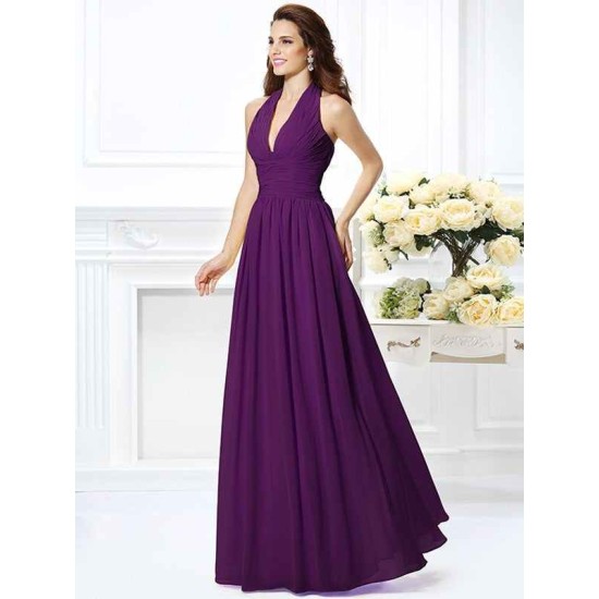 Charming Halter Pleats Sleeveless Long Chiffon Bridesmaid Dresses