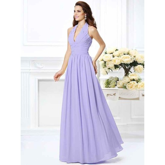 Charming Halter Pleats Sleeveless Long Chiffon Bridesmaid Dresses