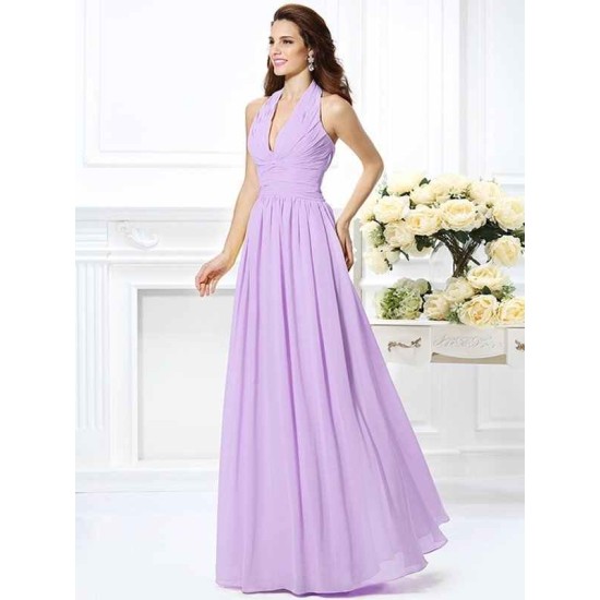 Charming Halter Pleats Sleeveless Long Chiffon Bridesmaid Dresses