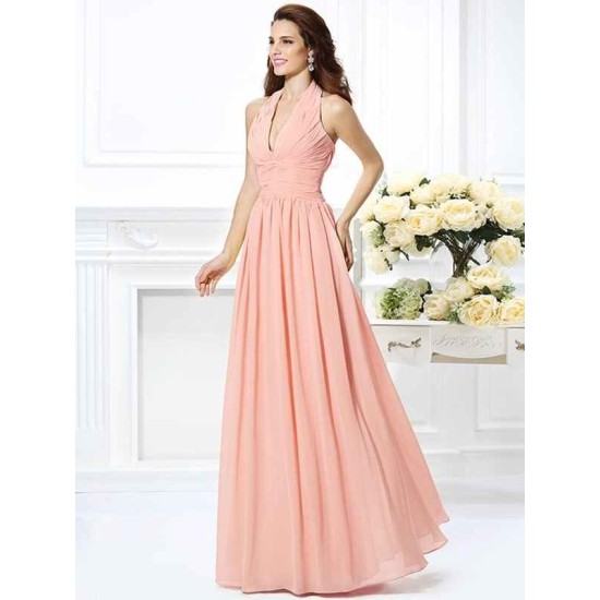 Charming Halter Pleats Sleeveless Long Chiffon Bridesmaid Dresses