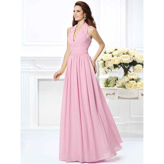Charming Halter Pleats Sleeveless Long Chiffon Bridesmaid Dresses