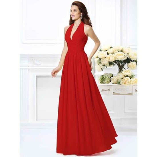 Charming Halter Pleats Sleeveless Long Chiffon Bridesmaid Dresses