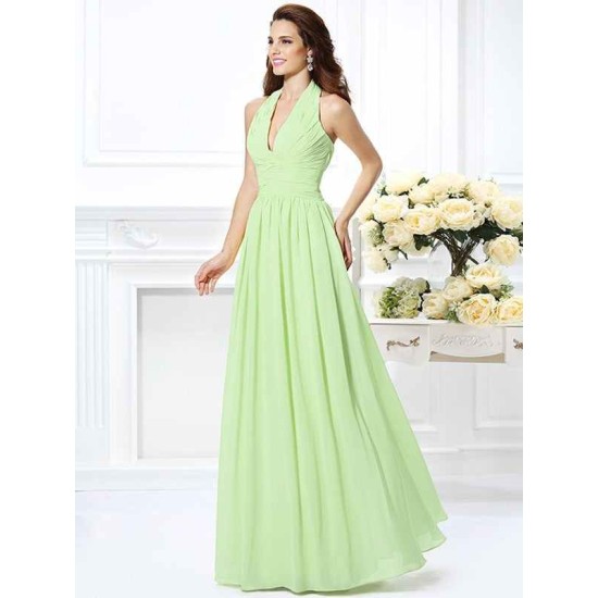 Charming Halter Pleats Sleeveless Long Chiffon Bridesmaid Dresses