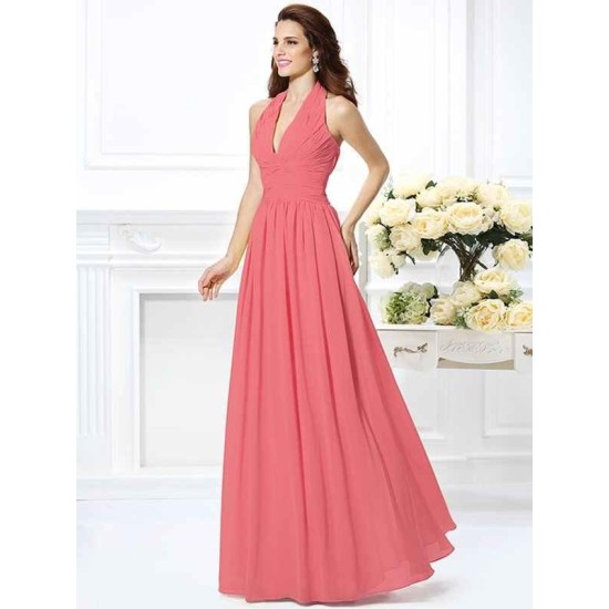 Charming Halter Pleats Sleeveless Long Chiffon Bridesmaid Dresses