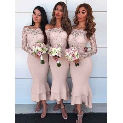 Charming Off-the-Shoulder Long Sleeves Ankle-Length Lace Stretch Crepe Bridesmaid Dresses