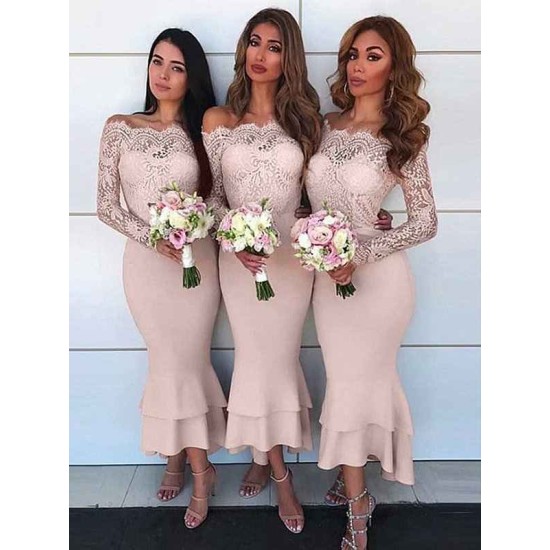 Charming Off-the-Shoulder Long Sleeves Ankle-Length Lace Stretch Crepe Bridesmaid Dresses