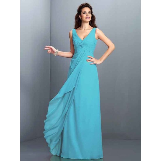 Charming Straps Pleats Sleeveless Long Chiffon Bridesmaid Dresses