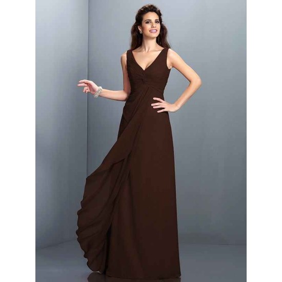 Charming Straps Pleats Sleeveless Long Chiffon Bridesmaid Dresses