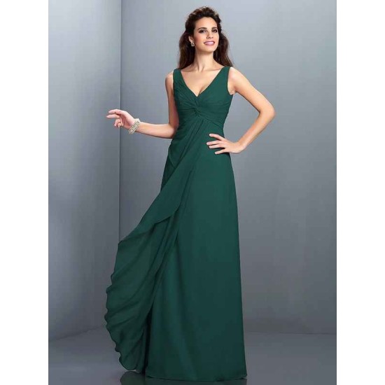 Charming Straps Pleats Sleeveless Long Chiffon Bridesmaid Dresses