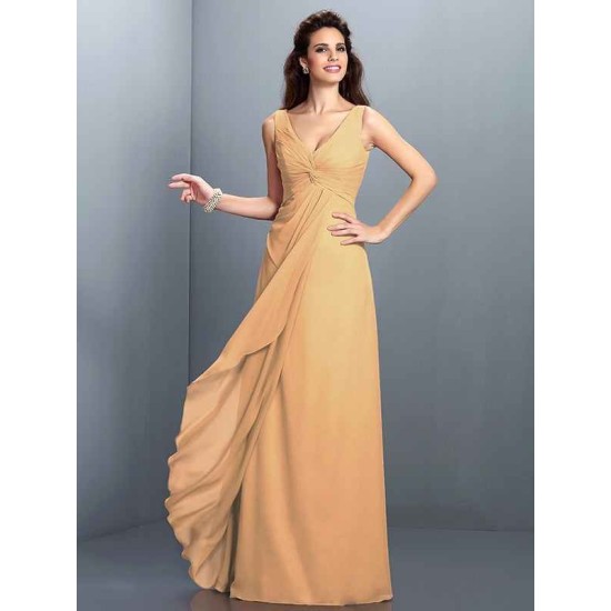 Charming Straps Pleats Sleeveless Long Chiffon Bridesmaid Dresses