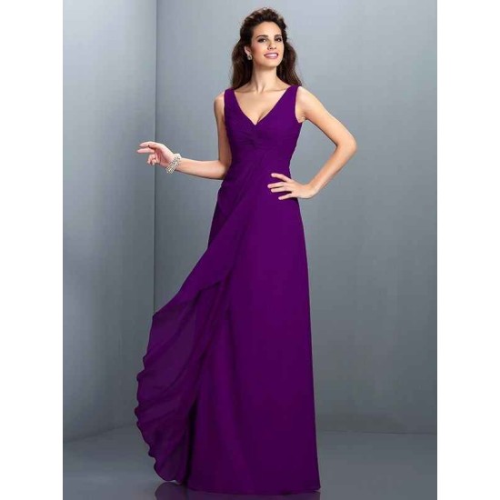 Charming Straps Pleats Sleeveless Long Chiffon Bridesmaid Dresses