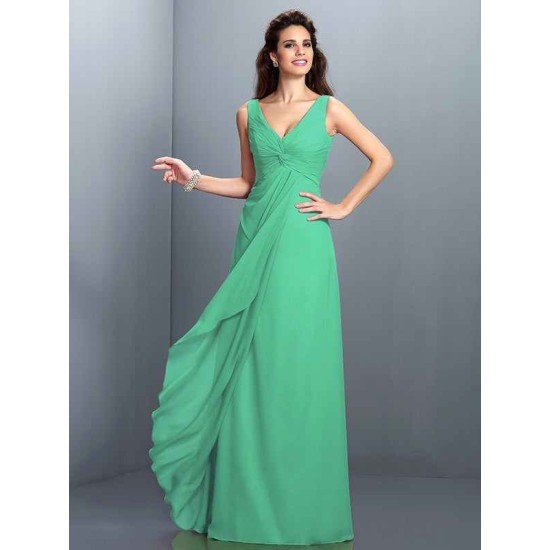 Charming Straps Pleats Sleeveless Long Chiffon Bridesmaid Dresses