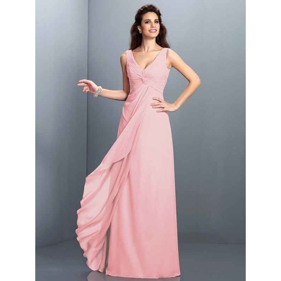 Charming Straps Pleats Sleeveless Long Chiffon Bridesmaid Dresses
