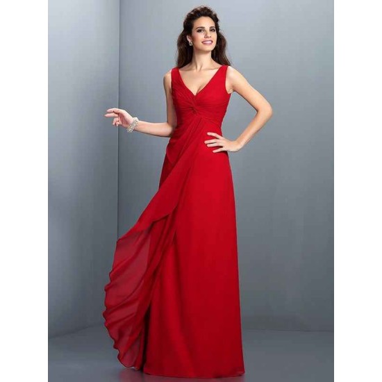 Charming Straps Pleats Sleeveless Long Chiffon Bridesmaid Dresses