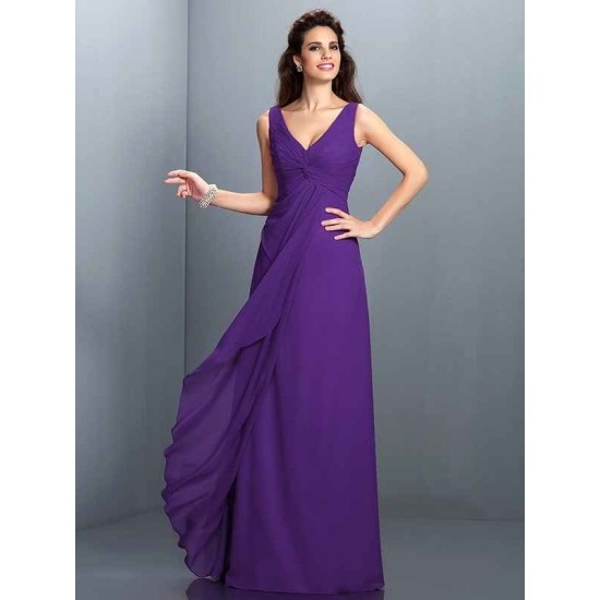 Charming Straps Pleats Sleeveless Long Chiffon Bridesmaid Dresses