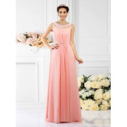 Modern Bateau Beading Sleeveless Long Chiffon Bridesmaid Dresses