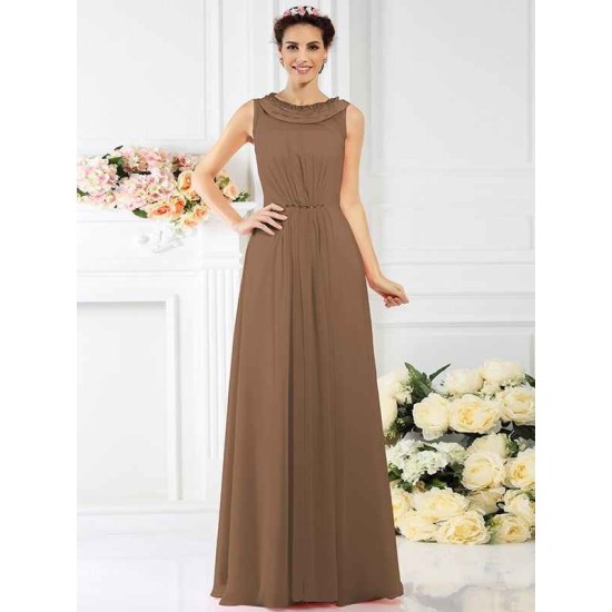 Modern Bateau Beading Sleeveless Long Chiffon Bridesmaid Dresses