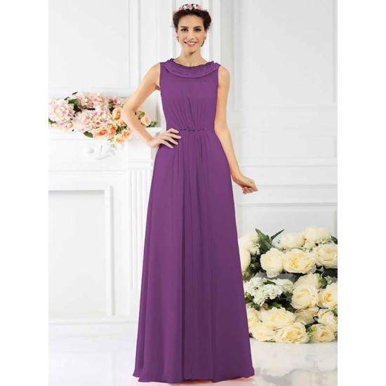 Modern Bateau Beading Sleeveless Long Chiffon Bridesmaid Dresses