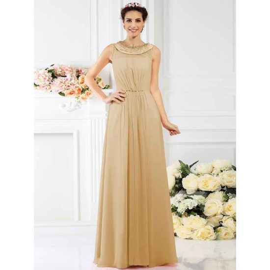 Modern Bateau Beading Sleeveless Long Chiffon Bridesmaid Dresses