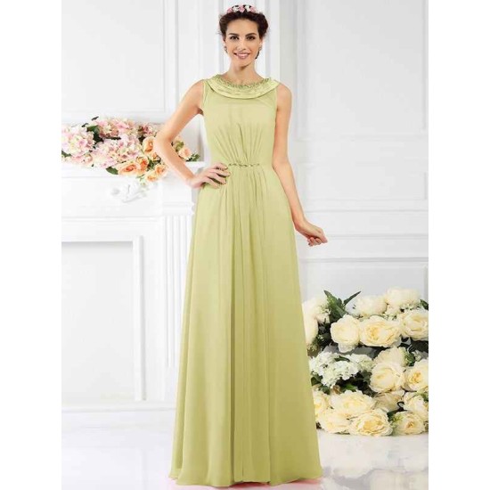 Modern Bateau Beading Sleeveless Long Chiffon Bridesmaid Dresses